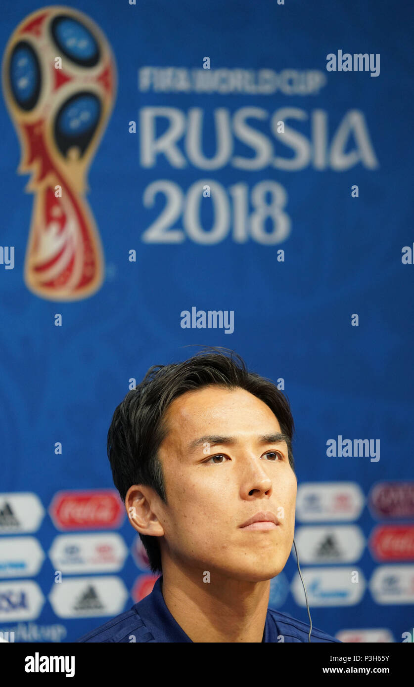 Saransk, Russia. 18th June, 2018. Makoto Hasebe of Japan attends a press conference during the 2018 FIFA World Cup in Saransk, Russia, June 18, 2018. Credit: Lui Siu Wai/Xinhua/Alamy Live News Stock Photo