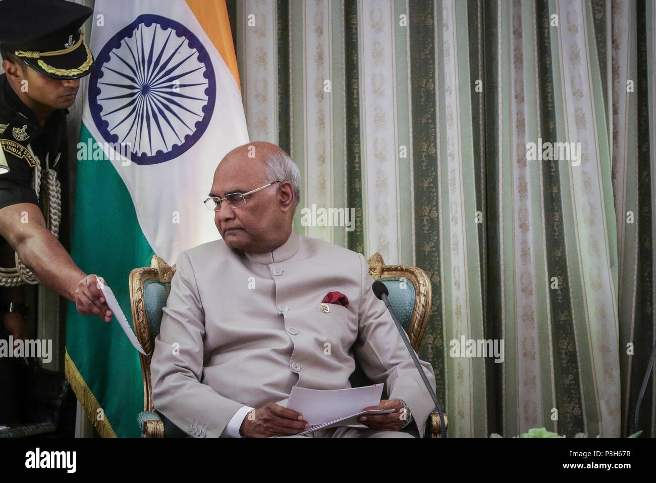 Athens - Greece, June 18, 2018: Indian president  Ram Nath Kovind (R) listens to Greece's Prime Minister Alexis Tsipras, at their meeting in Athens, Greece Stock Photo