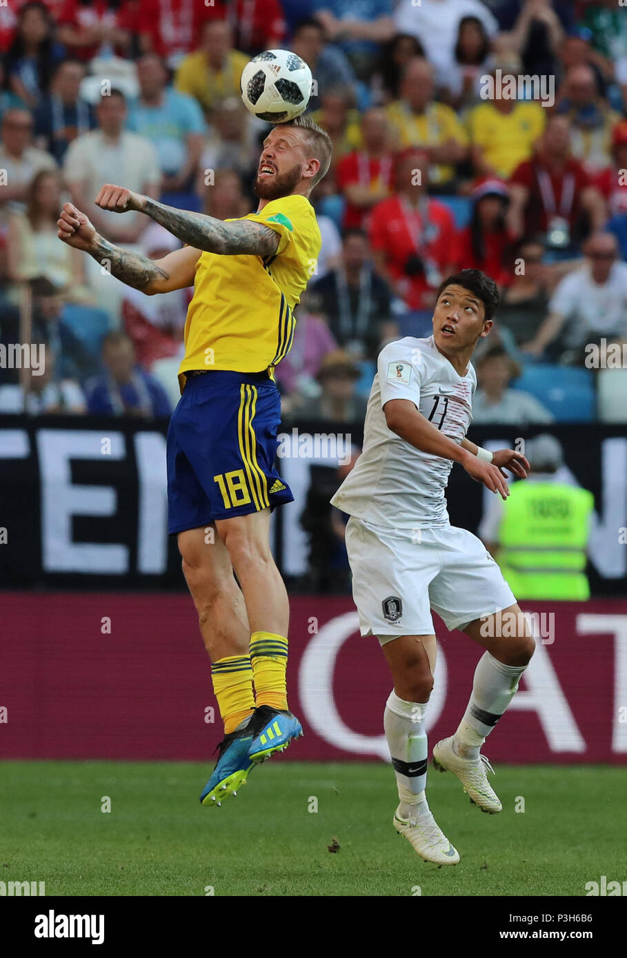 Nizhny Novgorod, Russia. 18th June, 2018. Pontus Jansson (L) of Sweden competes during a group F match between Sweden and South Korea at the 2018 FIFA World Cup in Nizhny Novgorod, Russia, June 18, 2018. Sweden won 1-0. Credit: Yang Lei/Xinhua/Alamy Live News Stock Photo