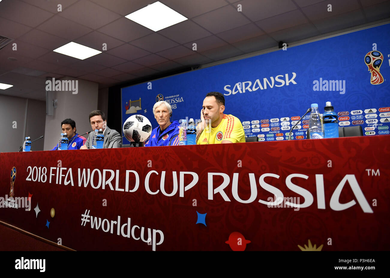 (180618) -- SARANSK, June 18, 2018(Xinhua) -- Colombian head coach Jose Pekerman (2nd R) and goalkeeper David Ospina (1st R) attend a press conference during the 2018 FIFA World Cup in Saransk, Russia, on June 18, 2018. (Xinhua/He Canling) Stock Photo