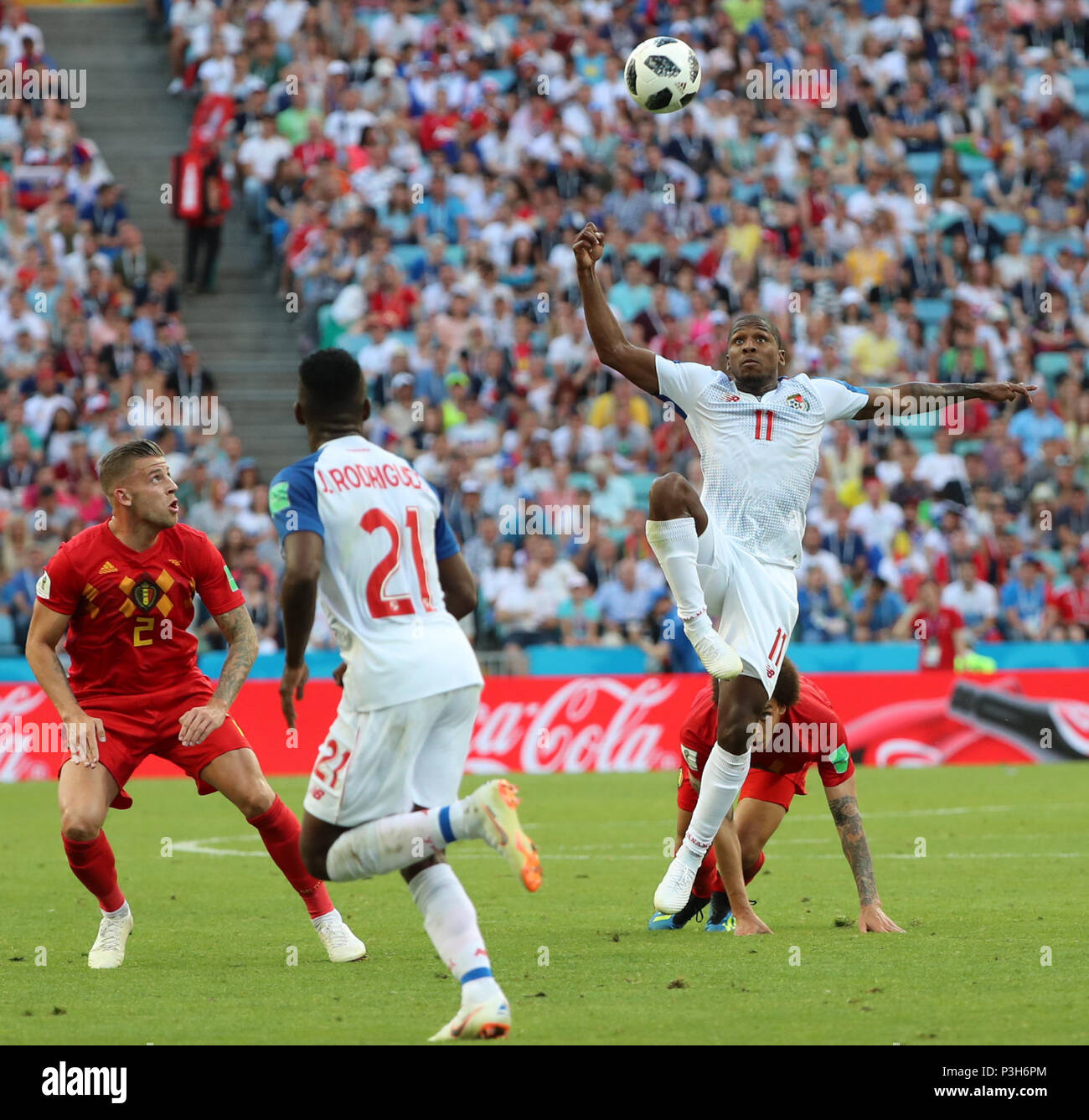 Sochi, Russia. 18th June, 2018. Armando Cooper (R top) of Panama competes during a group G match between Belgium and Panama at the 2018 FIFA World Cup in Sochi, Russia, June 18, 2018. Credit: Bai Xueqi/Xinhua/Alamy Live News Stock Photo