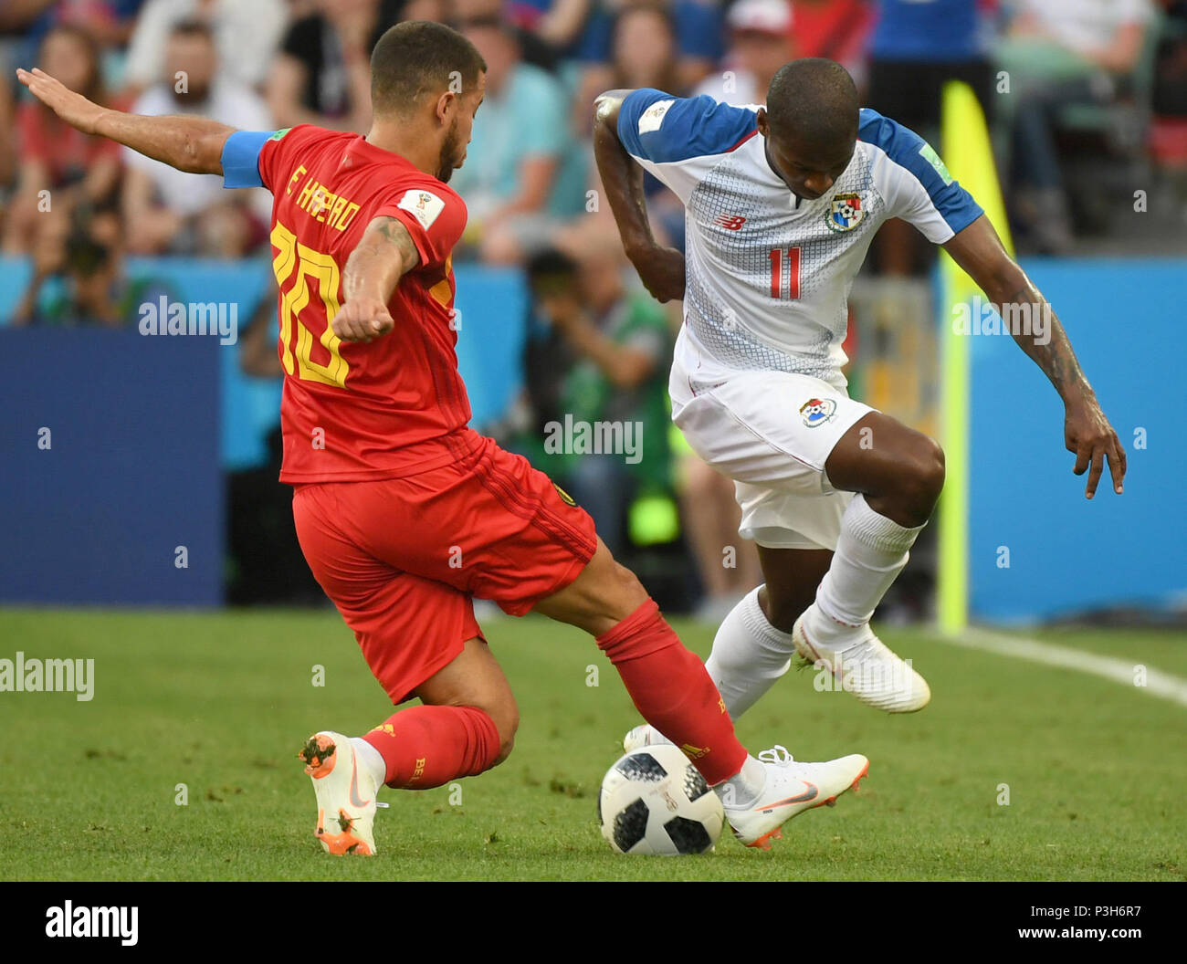 Sochi, Russia. 18th June, 2018. Eden Hazard (L) of Belgium vies with Armando Cooper of Panama during a group G match between Belgium and Panama at the 2018 FIFA World Cup in Sochi, Russia, June 18, 2018. Credit: Du Yu/Xinhua/Alamy Live News Stock Photo