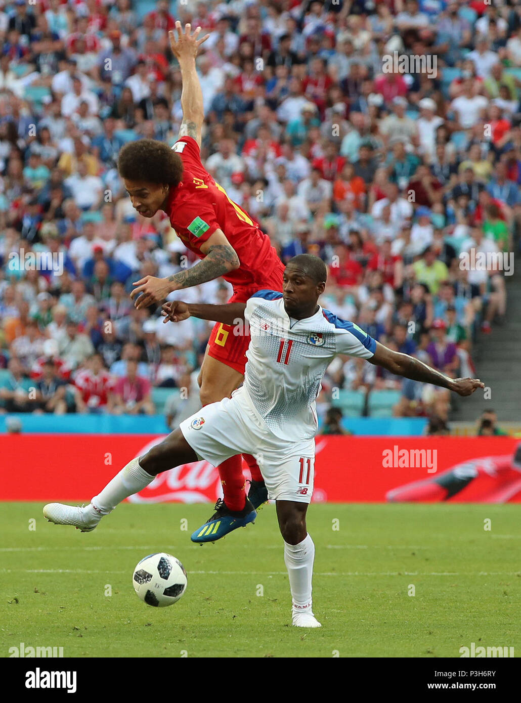 Sochi, Russia. 18th June, 2018. Axel Witsel (top) of Belgium vies with Armando Cooper of Panama during a group G match between Belgium and Panama at the 2018 FIFA World Cup in Sochi, Russia, June 18, 2018. Credit: Bai Xueqi/Xinhua/Alamy Live News Stock Photo