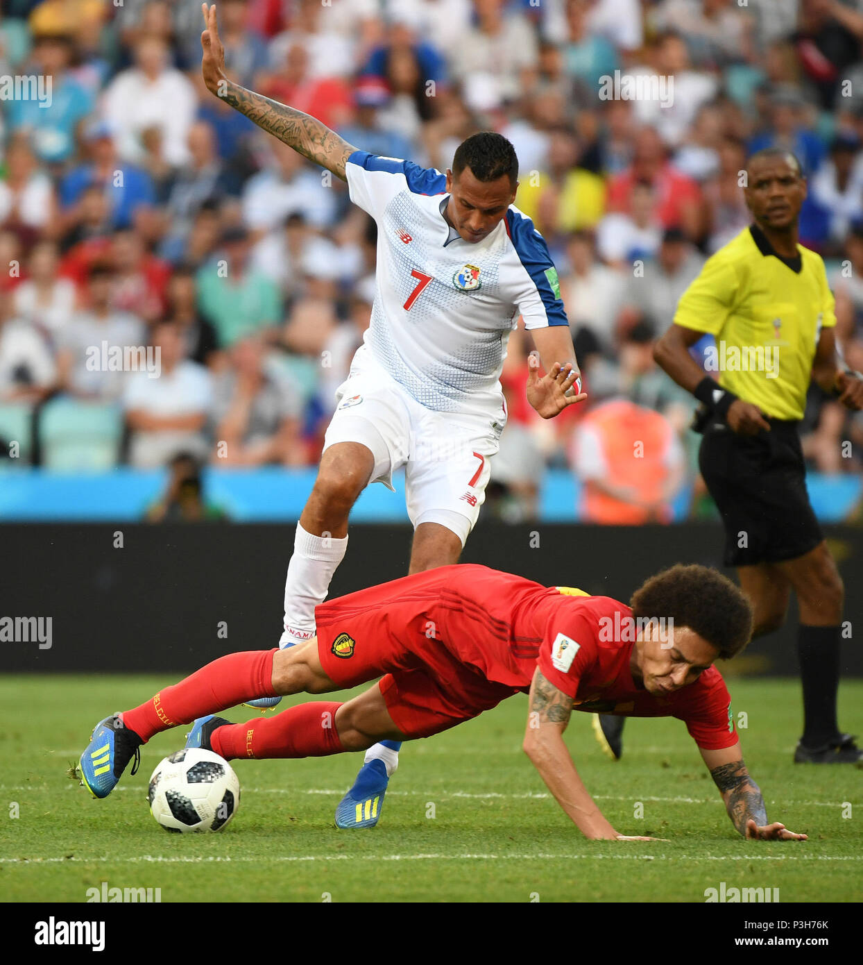 Sochi, Russia. 18th June, 2018. Axel Witsel (bottom) of Belgium vies with Blas Perez of Panama during a group G match between Belgium and Panama at the 2018 FIFA World Cup in Sochi, Russia, June 18, 2018. Credit: Du Yu/Xinhua/Alamy Live News Stock Photo