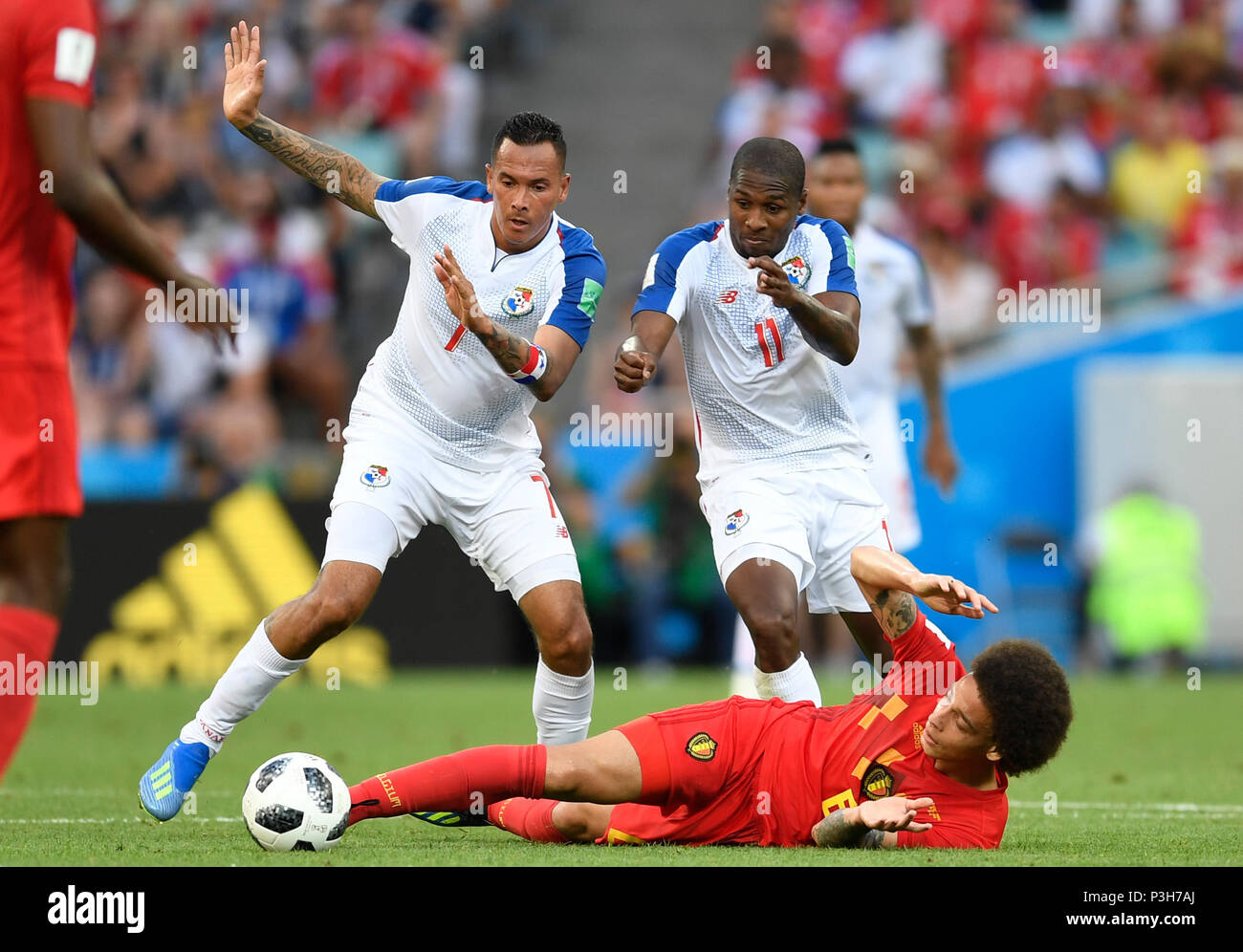 Sochi, Russia. 18th June, 2018. World Cup, preliminary stage, Group G: Belgium vs Panama in the Sochi Stadium. Belgium's Axel Witsel (bottom) and Panama's Blas Perez (L) and Armando Cooper vying for the ball. Photo: Marius Becker/dpa Credit: dpa picture alliance/Alamy Live News Stock Photo