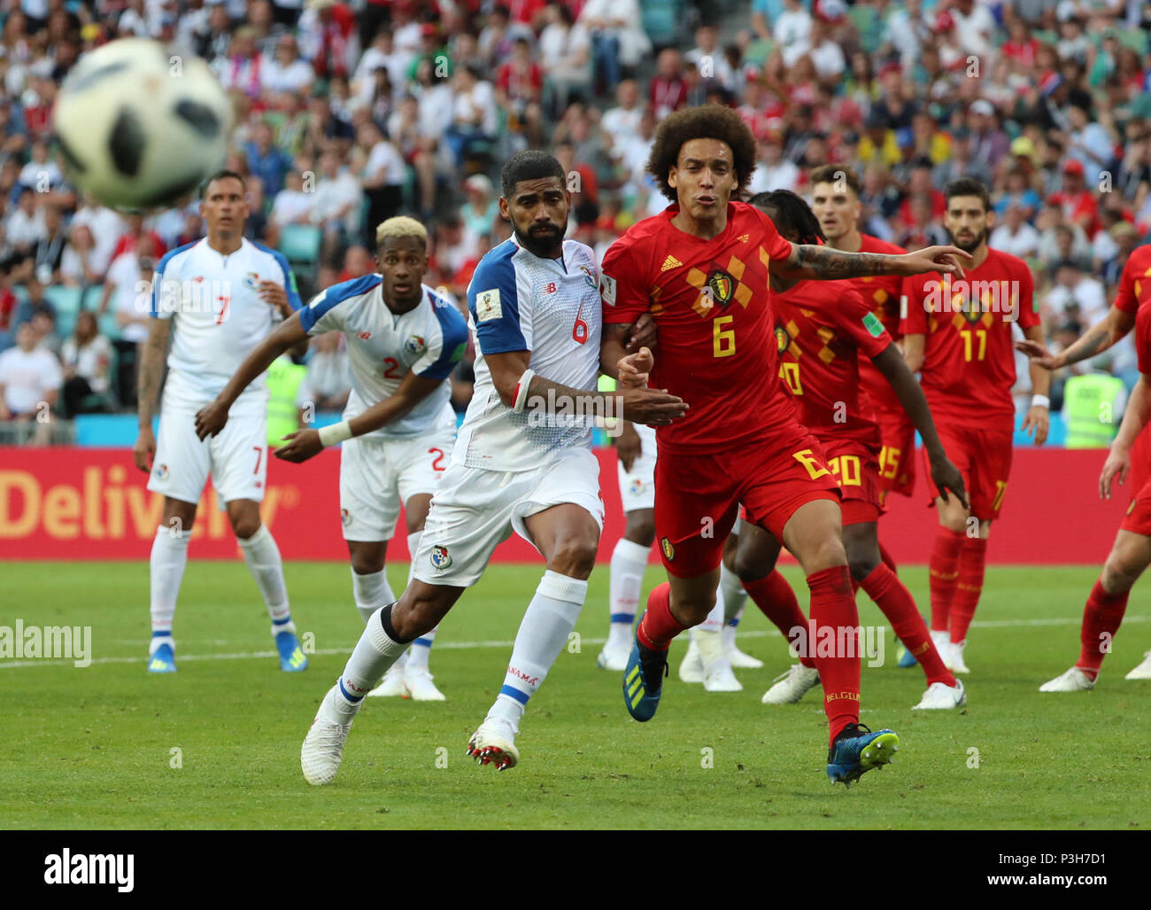 Sochi, Russia. 18th June, 2018. Axel Witsel (R front) of Belgium vies with Gabriel Gomez (L front) of Panama during a group G match between Belgium and Panama at the 2018 FIFA World Cup in Sochi, Russia, June 18, 2018. Credit: Bai Xueqi/Xinhua/Alamy Live News Stock Photo