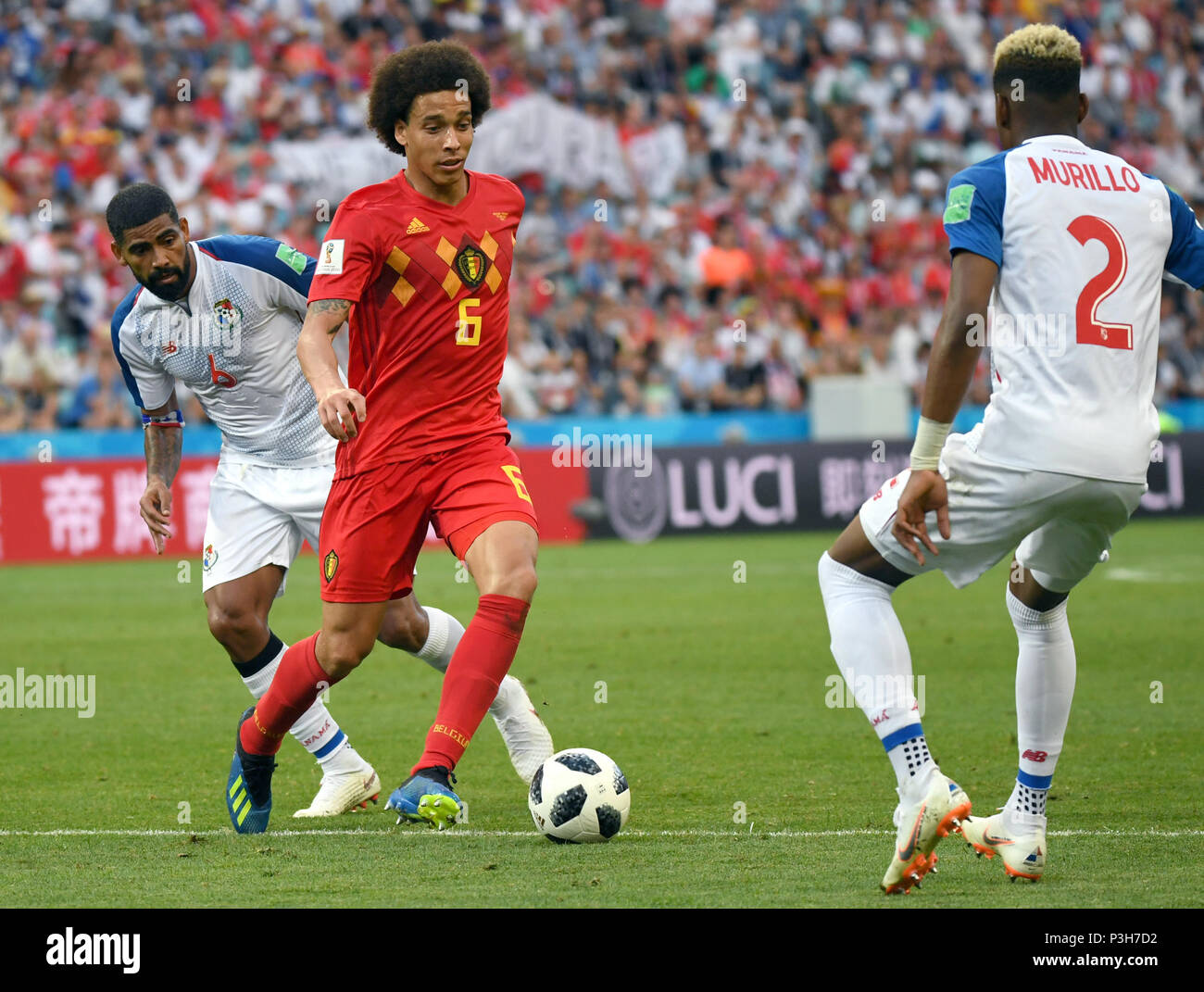 Sochi, Russia. 18th June, 2018. Axel Witsel (C) of Belgium vies with Gabriel Gomez (L) and Michael Amir Murillo of Panama during a group G match between Belgium and Panama at the 2018 FIFA World Cup in Sochi, Russia, June 18, 2018. Credit: Du Yu/Xinhua/Alamy Live News Stock Photo