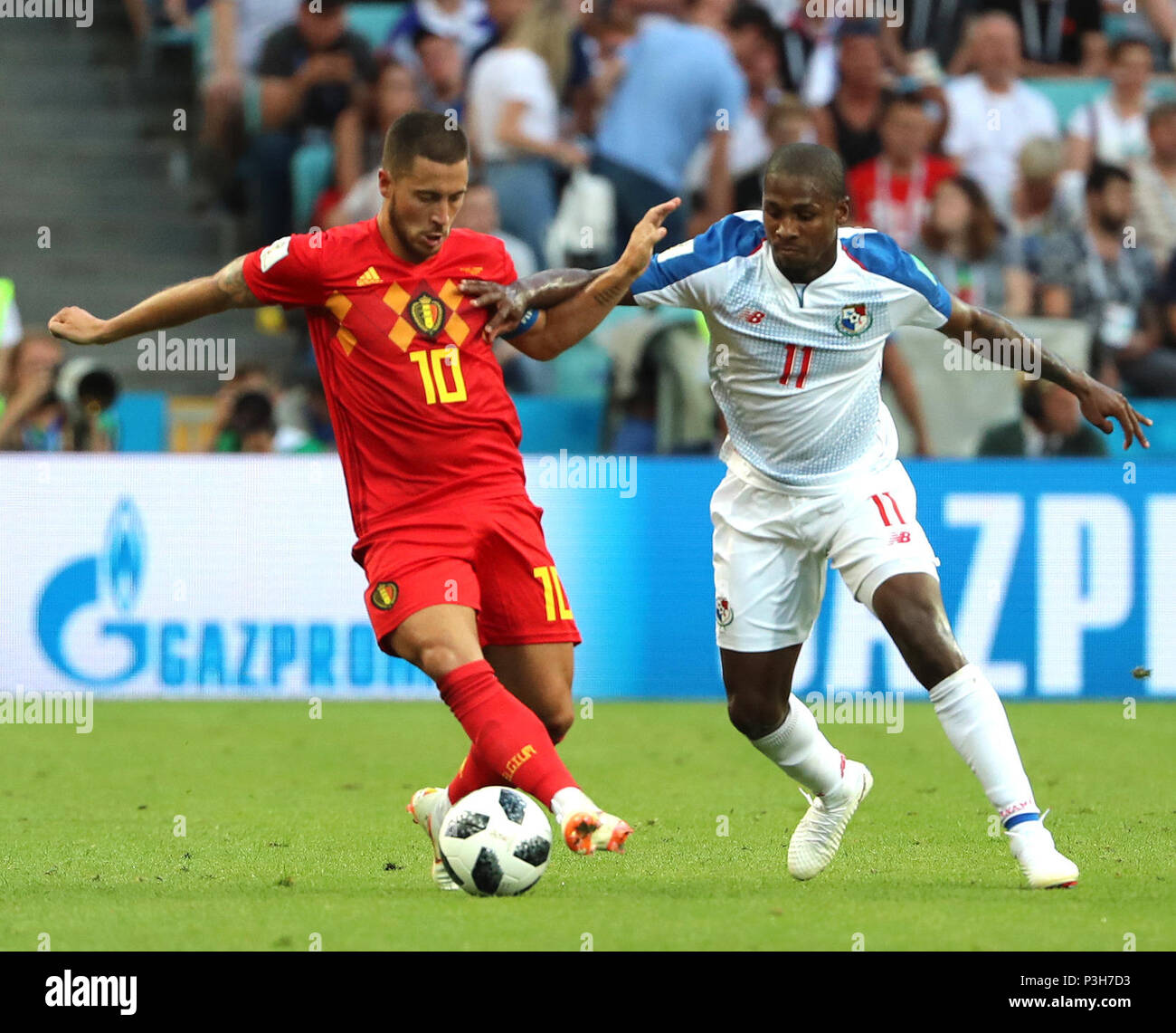 Sochi, Russia. 18th June, 2018. Eden Hazard (L) of Belgium vies with Armando Cooper of Panama during a group G match between Belgium and Panama at the 2018 FIFA World Cup in Sochi, Russia, June 18, 2018. Credit: Bai Xueqi/Xinhua/Alamy Live News Stock Photo