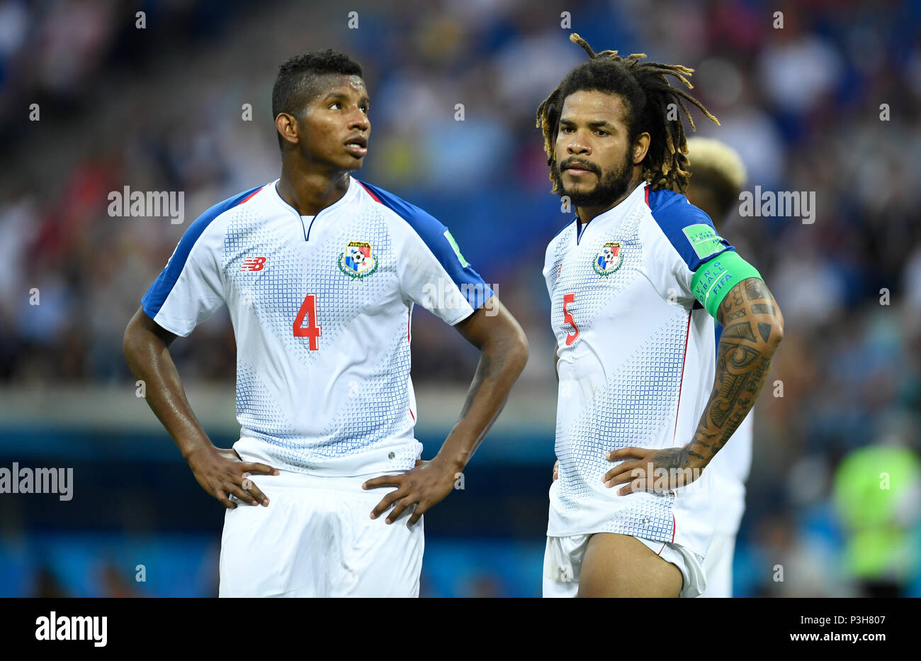Sochi, Russia. 18th June, 2018. World Cup, preliminary stage, Group G: Belgium vs Panama in the Sochi Stadium. Panama's Fidel Escobar (L) and Roman Torres standing disappointed in the field. Photo: Marius Becker/dpa Credit: dpa picture alliance/Alamy Live News Stock Photo