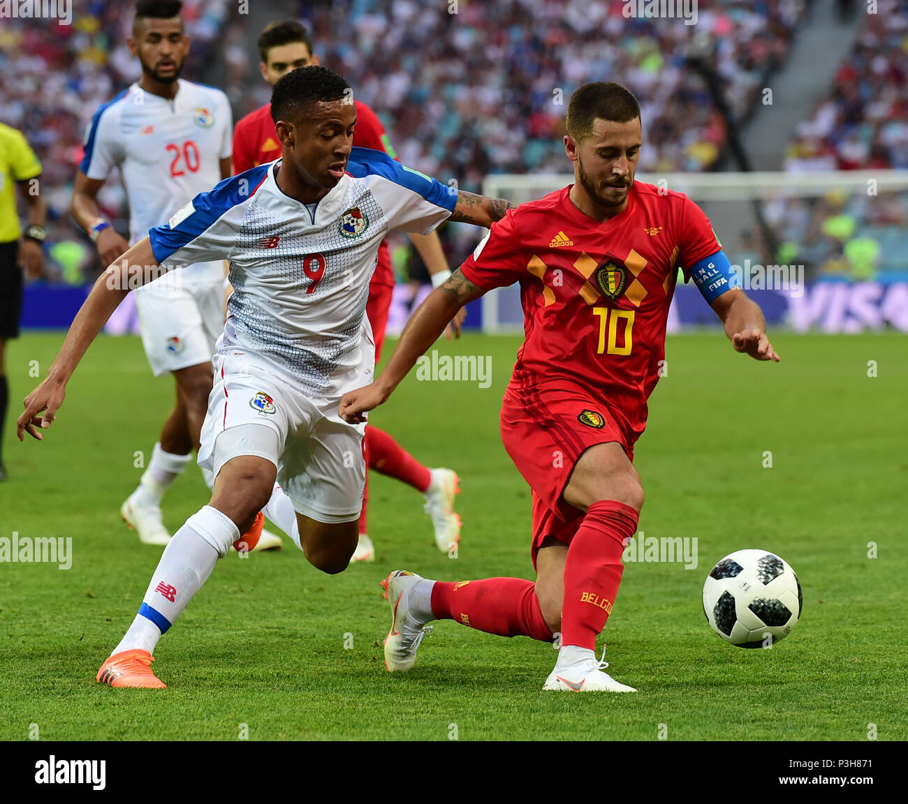 Sochi, Russia. 18th June, 2018. Eden Hazard (R) of Belgium vies with Gabriel Torres of Panama during a group G match between Belgium and Panama at the 2018 FIFA World Cup in Sochi, Russia, June 18, 2018. Belgium won 3-0. Credit: Du Yu/Xinhua/Alamy Live News Stock Photo