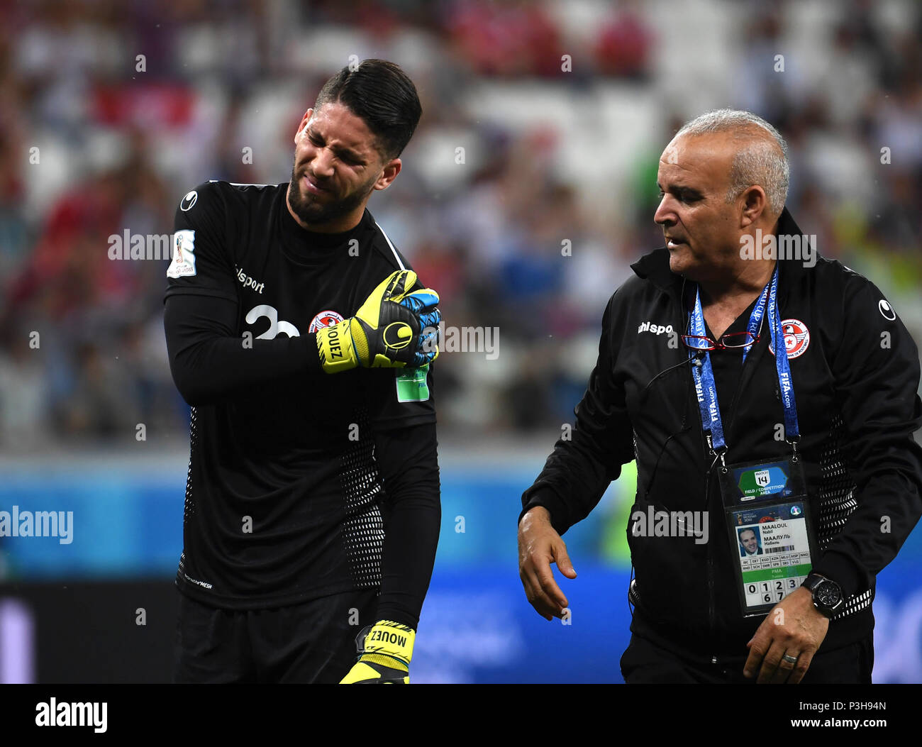 Volgograd, Russia. 18th June, 2018. Goalkeeper Mouez Hassen (L) of Tunisia is substituted off after injury during a group G match between Tunisia and England at the 2018 FIFA World Cup in Volgograd, Russia, June 18, 2018. Credit: Chen Cheng/Xinhua/Alamy Live News Stock Photo