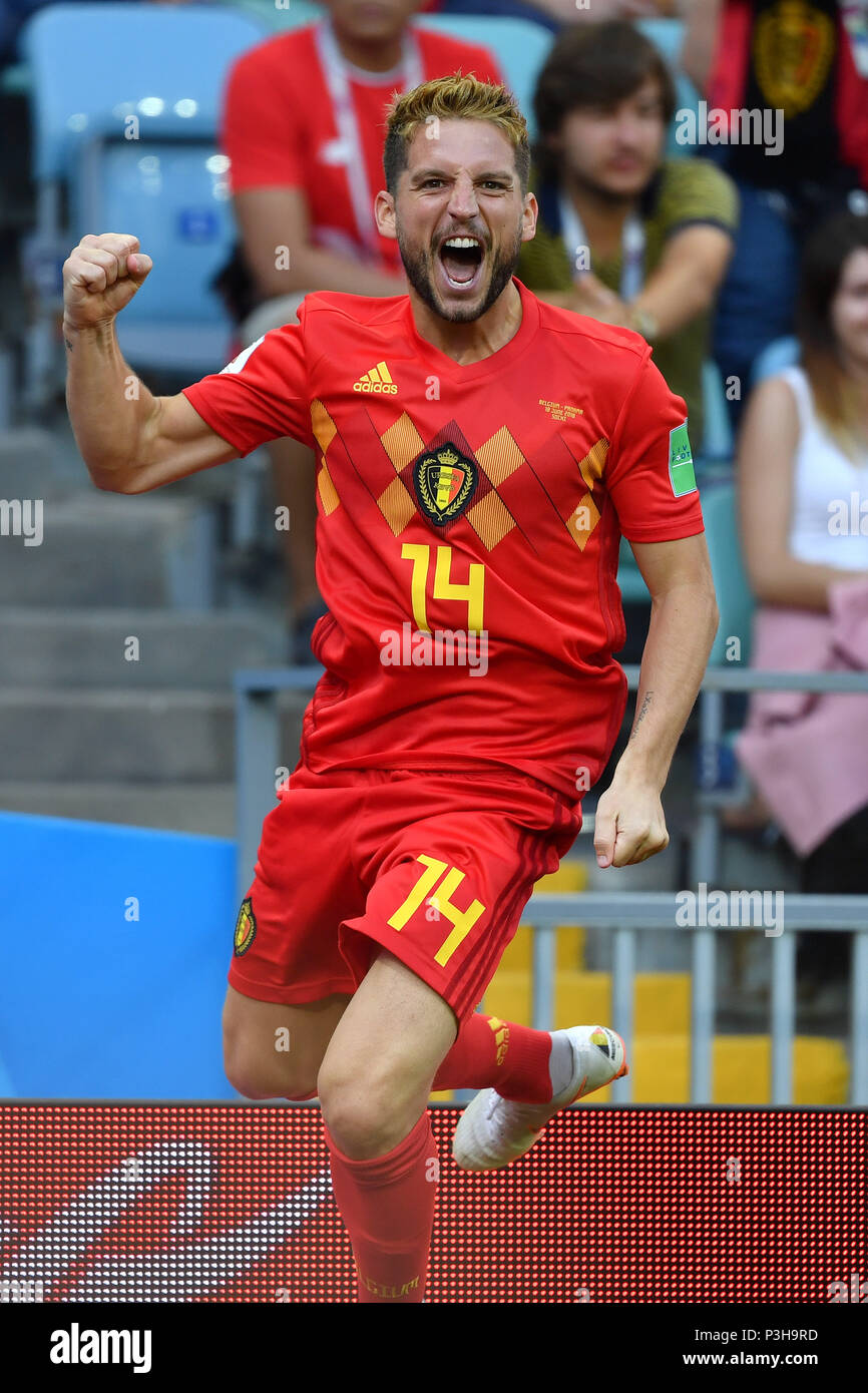 Sochi, Russland. 18th June, 2018. goaljubel Dries MERTENS (BEL) after goal to 1-0, jubilation, joy, enthusiasm, action, single picture, single cut motive, half figure, half figure. Belgium (BEL) - Panama (PAN) 3-0, Preliminary Round, Group G, Game 13, on 18.06.2018 in SOCHI, Fisht Olymipic Stadium. Football World Cup 2018 in Russia from 14.06. - 15.07.2018. | usage worldwide Credit: dpa/Alamy Live News Stock Photo