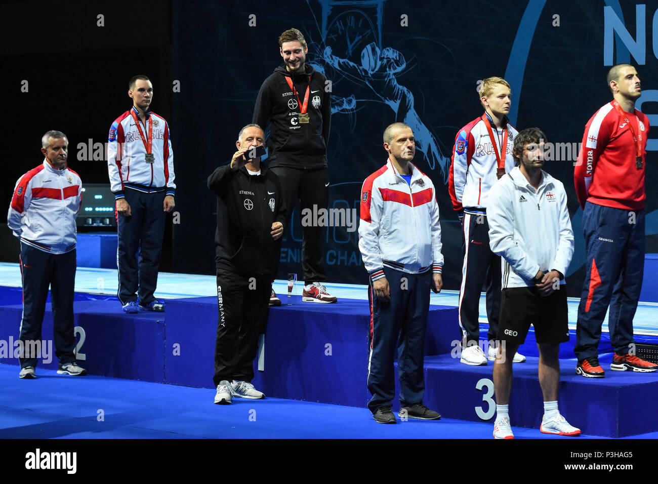 Novi Sad,Serbia. 18th June, 2018.  European fencing championship for mens saber awarding medals Hartung Max from Germany won the first place,second place won Ibragimov Kamil from Russia,third places wons  Bazadze Sandro from Georgia and Danilenko Dmitriy from Russia  photo Nenad Mihajlovic Stock Photo