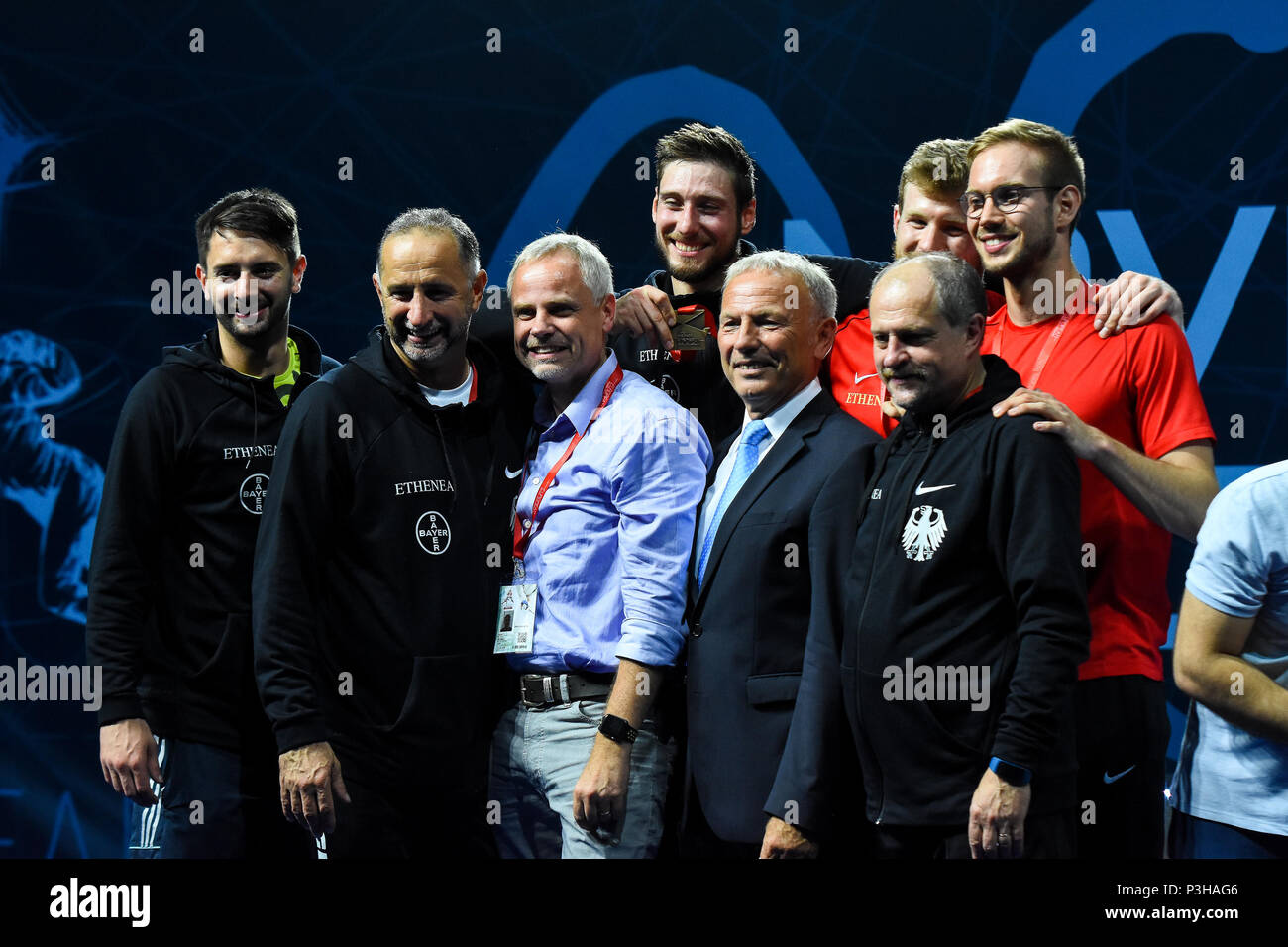 Novi Sad,Serbia. 18th June, 2018.  European fencing championship for mens saber awarding medals Hartung Max from Germany won the first place,second place won Ibragimov Kamil from Russia,third places wons  Bazadze Sandro from Georgia and Danilenko Dmitriy from Russia  photo Nenad Mihajlovic Stock Photo