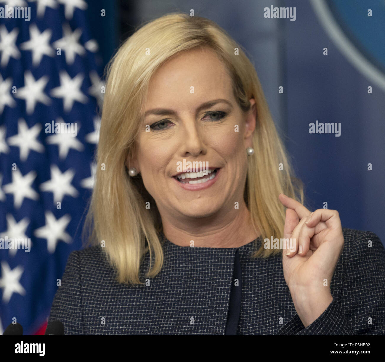 Washington, District of Columbia, USA. 18th June, 2018. United States Secretary of Homeland Security Kirstjen Nielsen holds a news briefing at the White House in Washington, DC, June 18, 2018. Credit: Chris Kleponis/CNP Credit: Chris Kleponis/CNP/ZUMA Wire/Alamy Live News Stock Photo