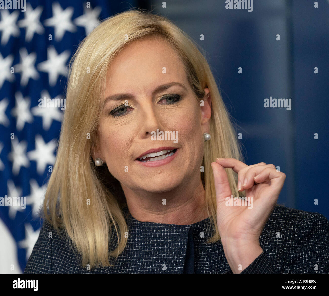 Washington, United States Of America. 18th June, 2018. United States Secretary of Homeland Security Kirstjen Nielsen holds a news briefing at the White House in Washington, DC, June 18, 2018. Credit: Chris Kleponis/CNP | usage worldwide Credit: dpa/Alamy Live News Stock Photo