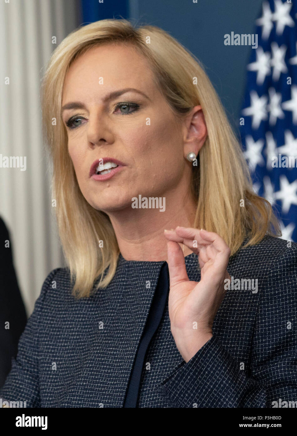 Washington, United States Of America. 18th June, 2018. United States Secretary of Homeland Security Kirstjen Nielsen holds a news briefing at the White House in Washington, DC, June 18, 2018. Credit: Chris Kleponis/CNP | usage worldwide Credit: dpa/Alamy Live News Stock Photo