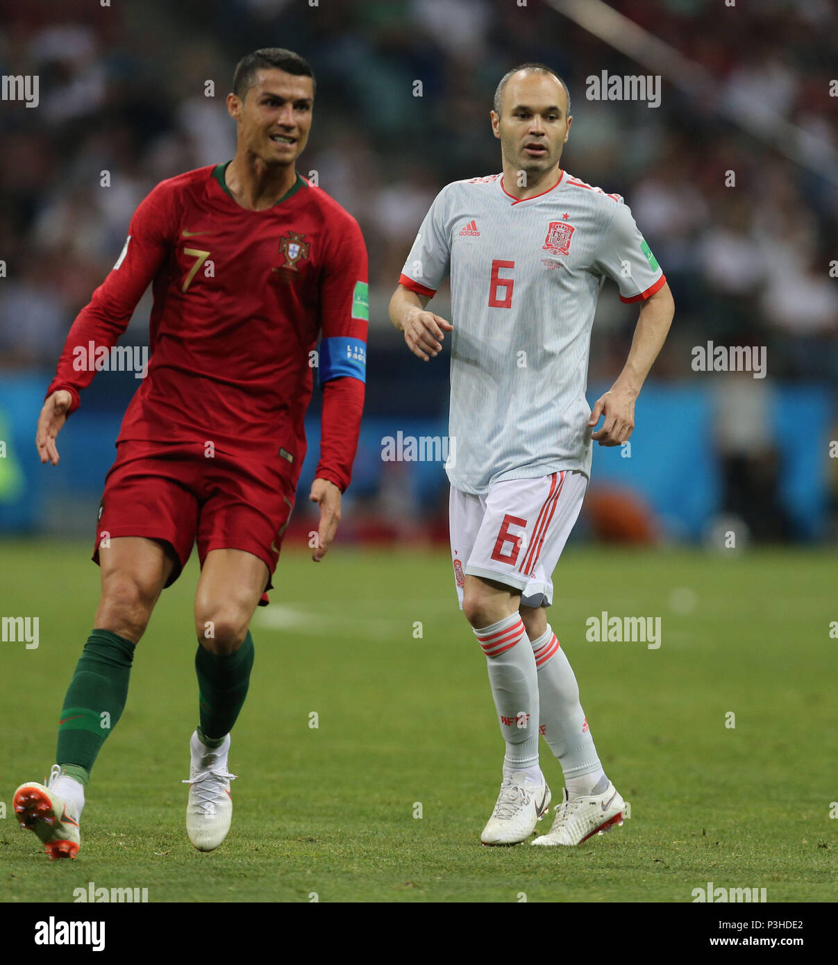 L-R) Cristiano Ronaldo (POR), Andres Iniesta (ESP), JUNE 15, 2018 -  Football / Soccer : FIFA World Cup Russia 2018 Group B match between  Portugal 3-3 Spain at Fisht Stadium in Sochi,