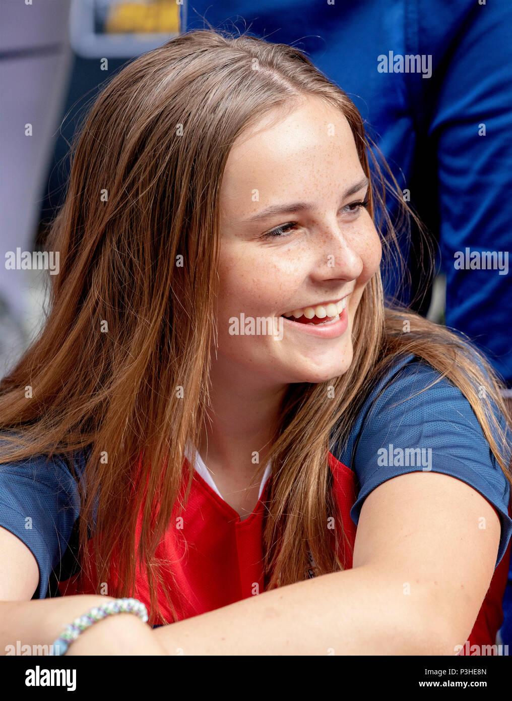 Skaugum, Norway. 18th June, 2018. Princess Ingrid Alexandra of Norway at the Skaugum stadium, on June 18, 2018, attending a friendship match in football between Team Skaugum and Nordstrand Allsport Photo : Albert Nieboer/Netherlands OUT/Point de Vue OUT -NO WIRE SERVICE- Credit: Albert Nieboer/Royal Press Europe/RPE/dpa/Alamy Live News Stock Photo