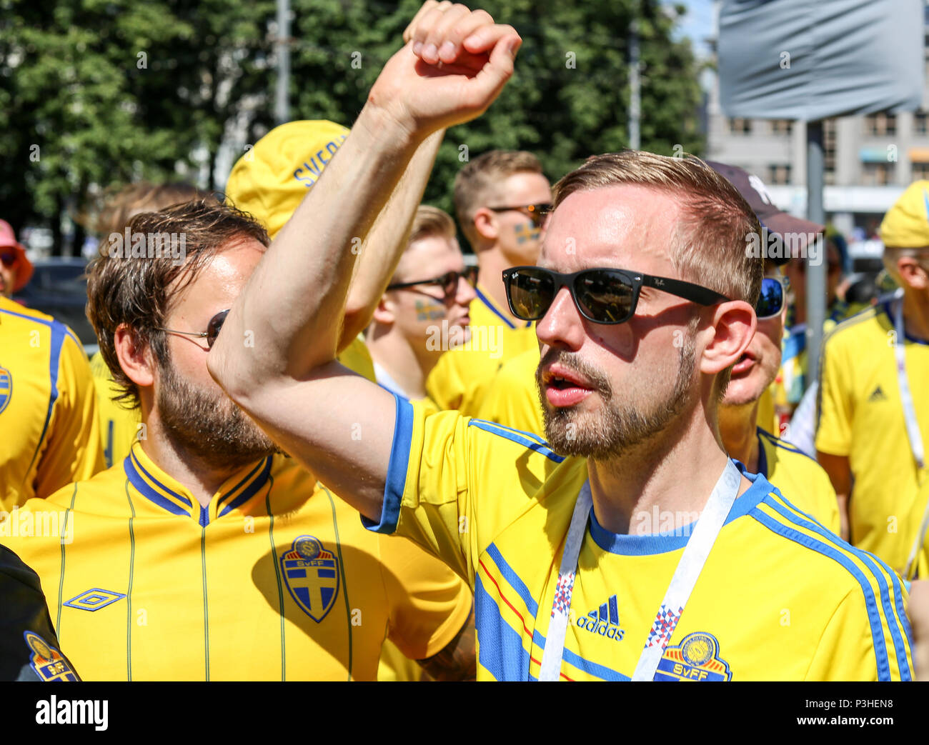 Nizhny Novgorod, Russia. 18th June, 2018. Swedish fans watching the Sweden vs South Korea game in the fan zone. The FIFA World Cup 2018 is the 21st FIFA World Cup which starts on 14 June and ends on 15 July 2018 in Russia. Credit: SOPA Images Limited/Alamy Live News Stock Photo