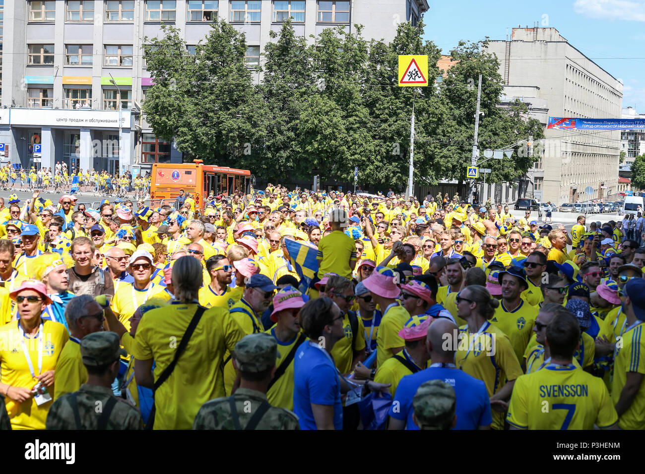 Nizhny Novgorod, Russia. 18th June, 2018. Swedish fans watching the Sweden vs South Korea game in the fan zone. The FIFA World Cup 2018 is the 21st FIFA World Cup which starts on 14 June and ends on 15 July 2018 in Russia. Credit: SOPA Images Limited/Alamy Live News Stock Photo