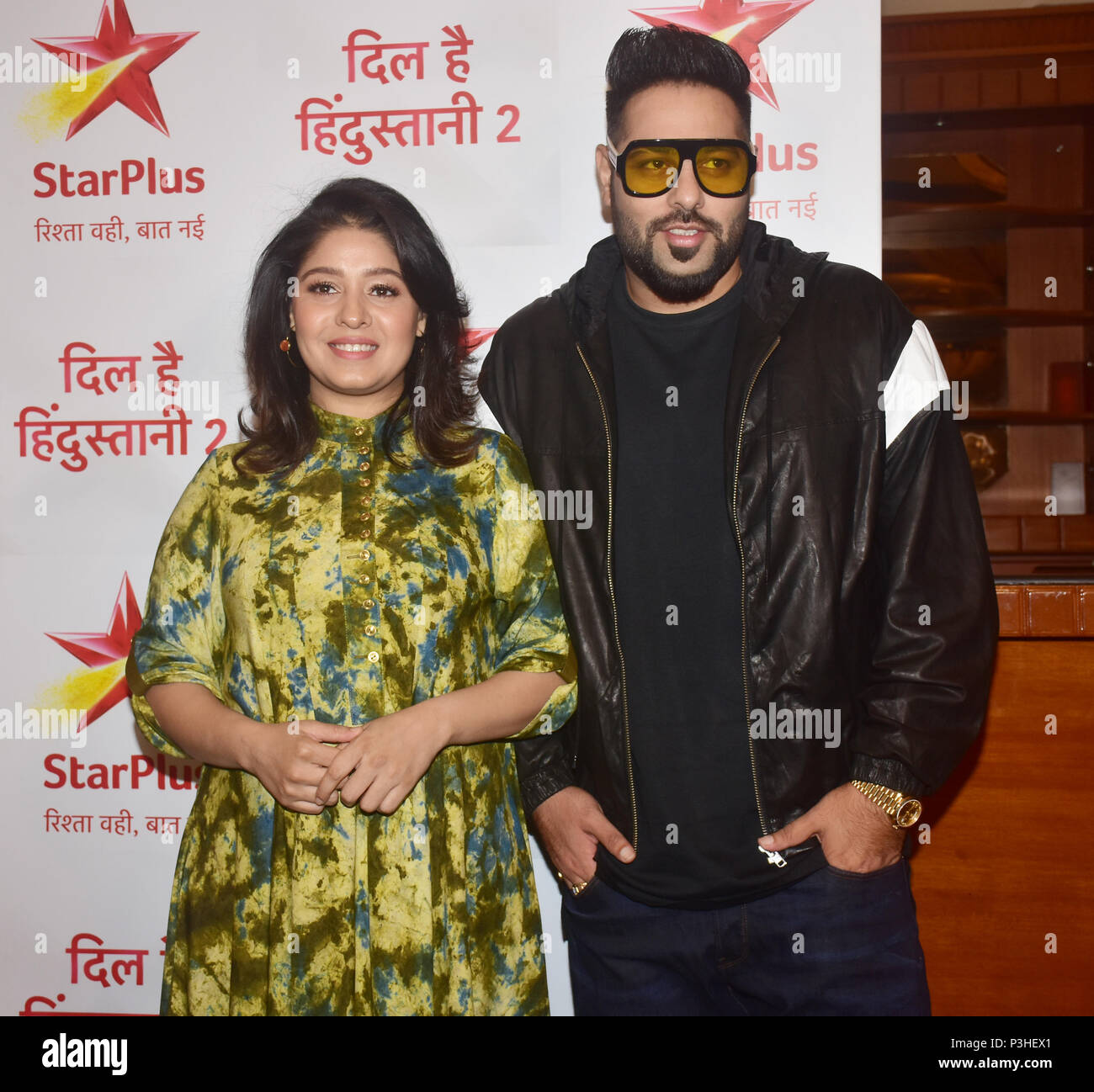 Indian playback singer Sunidhi Chauhan and Rapper Badshah pose at the  launch of Star Plus new singing reality show Dil Hai Hindustani 2 at  hotel JW, Juhu in Mumbai Stock Photo 