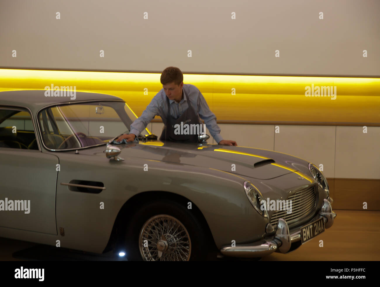 London, UK. 19th June, 2018. The ultimate Bond car - the 1965 Aston Martin DB5 driven by James Bond (Pierce Brosnan) in the 1995 motion picture GoldenEye - leads Bonhams photo call. Estimated at £1,200,000-1,600,000. The DB5 has become synonymous with James Bond, and this example featured in the famous opening chase scene of GoldenEye where Bond dices with arch villainess Xenia Onatopp in her Ferrari through the hills above Monaco. When purchased by the current owner in 2001, the car became the most valuable piece of Bond memorabilia ever sold. Credit: Keith Larby/Alamy Live News Stock Photo