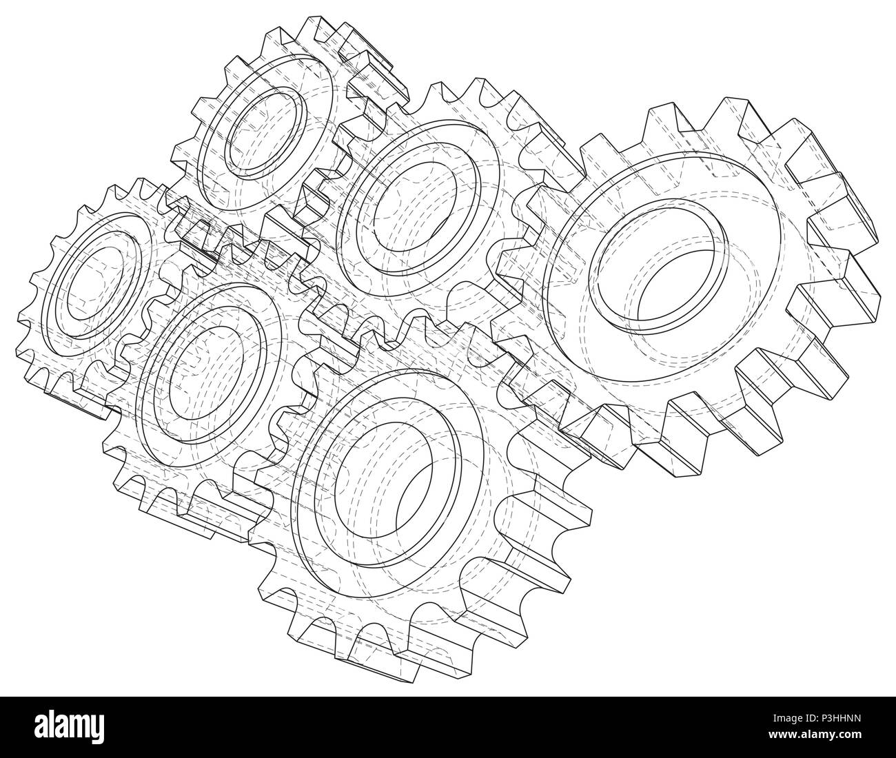 Cogs and Gears. Vector rendering of 3d. Wireframe style Stock Vector
