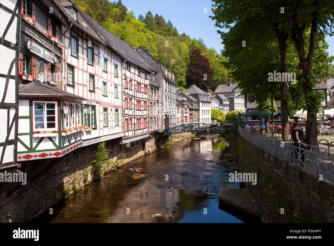 Germany, Eifel region, the city of Monschau, historic town at the river Rur.   Deutschland, Eifel, in der Innenstadt von Monschau, historische Altstad Stock Photo