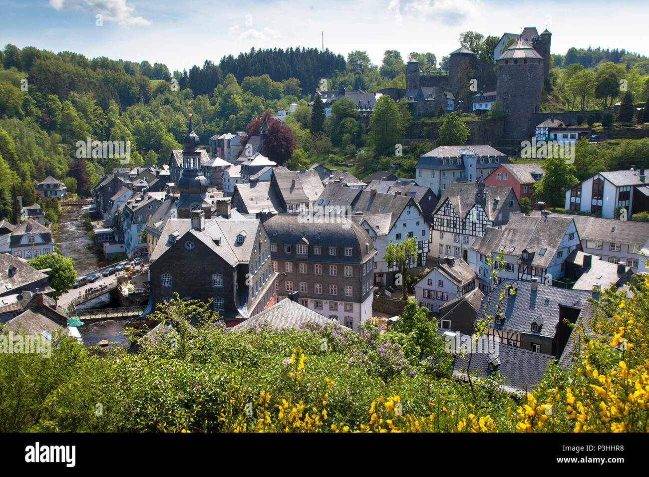 Germany, Eifel region, the city of Monschau, view to the historic town at the river Rur.  Deutschland, Eifel, in der Innenstadt von Monschau, Blick au Stock Photo