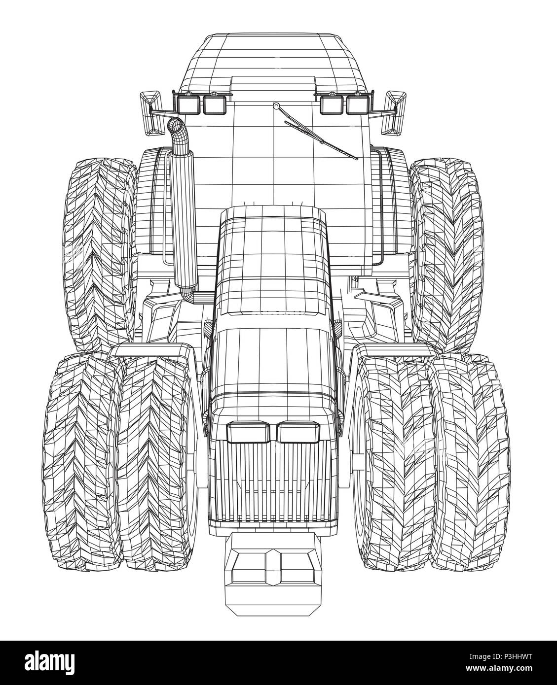 Wireframe tractor isolated on white background. Tracing illustration