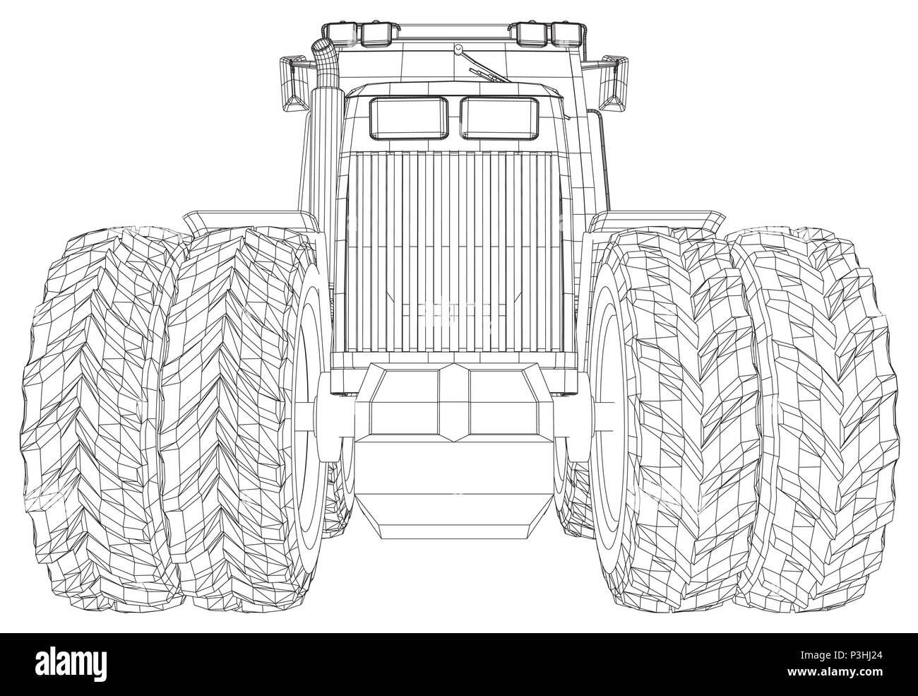 Wireframe tractor isolated on white background. Tracing illustration