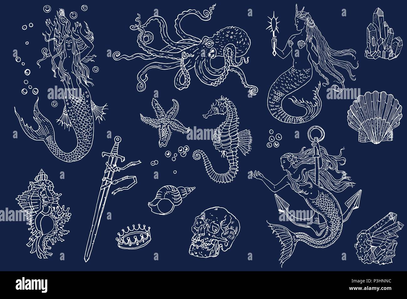 Vintage fantasy nautical set long haired mermaid, underwater treasures, octopus, shell, starfish, anchor, drowned sword, crown, skull, crystal, sea horse. Hand drawn vector illustration white on blue. Stock Vector