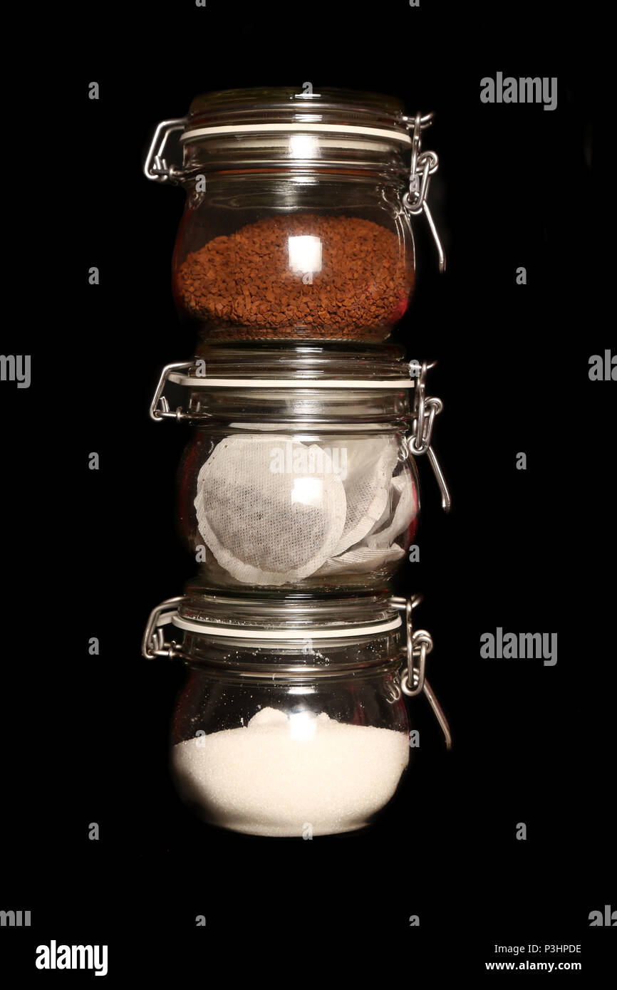 tea coffee and sugar stacked in a jars Stock Photo