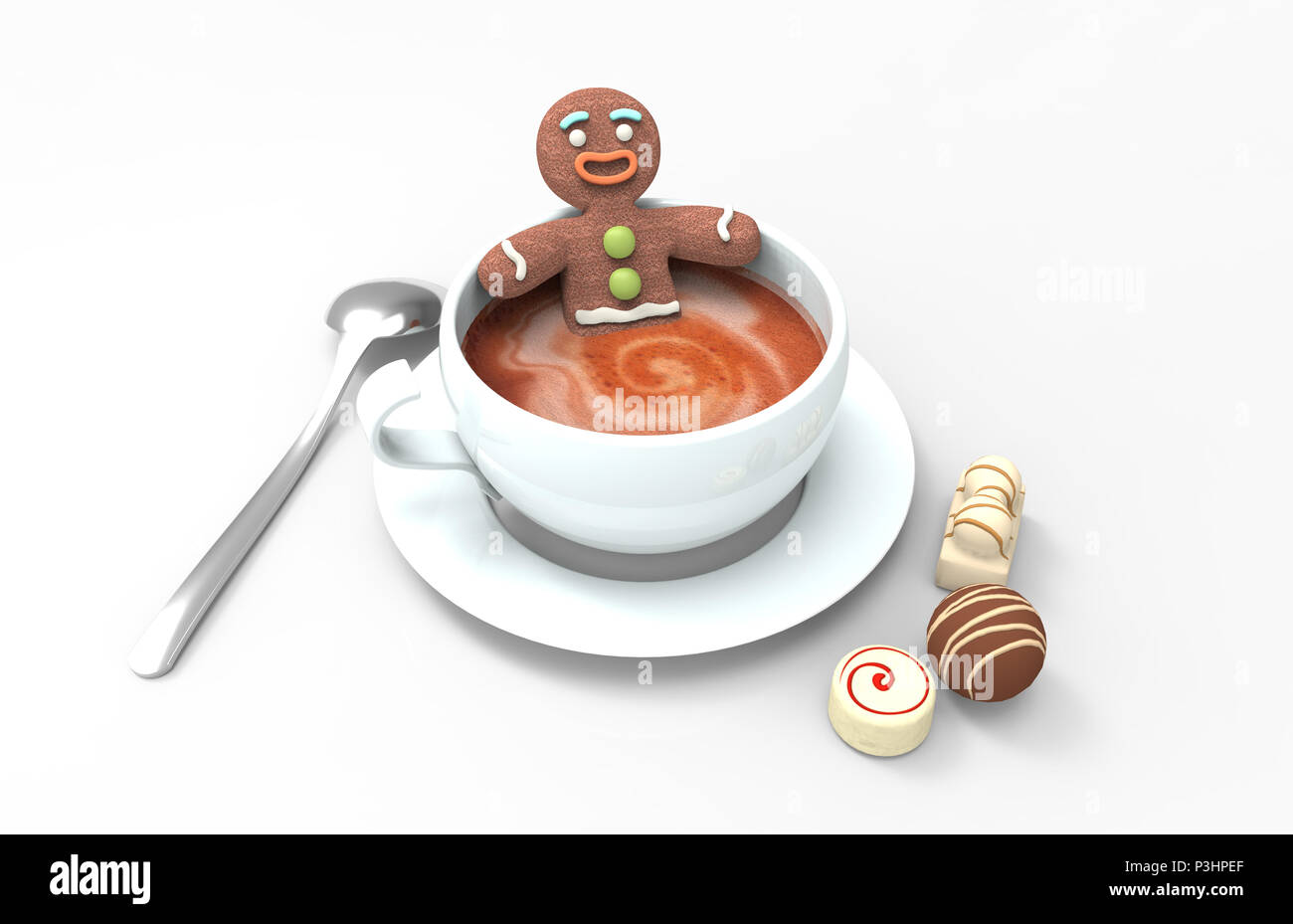 Gingerbread cookie man in a cup of hot coffee with various chocolates on white background Stock Photo