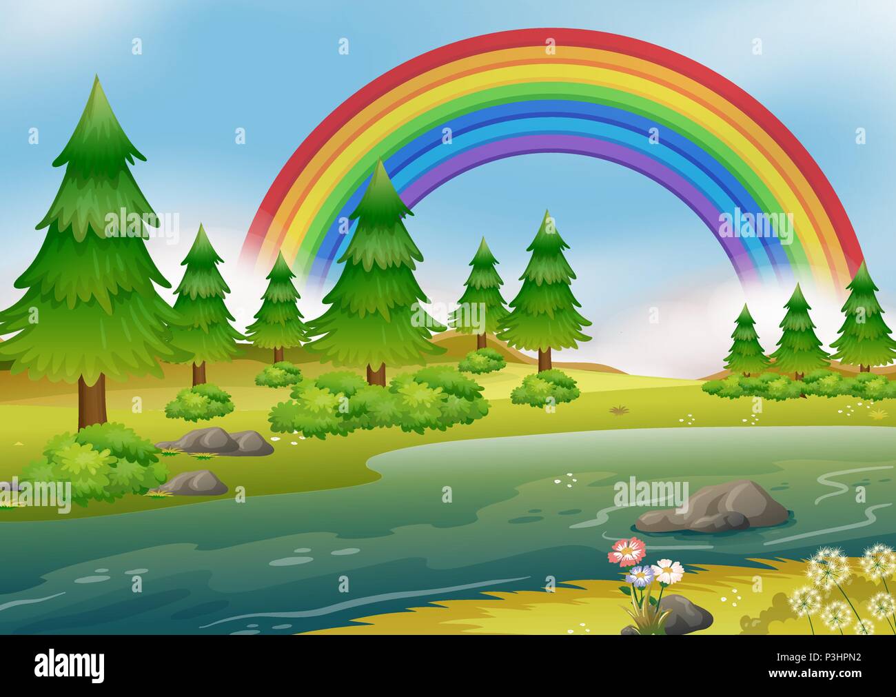 Beautiful rainbow sky with green meadow mountain Vector Image