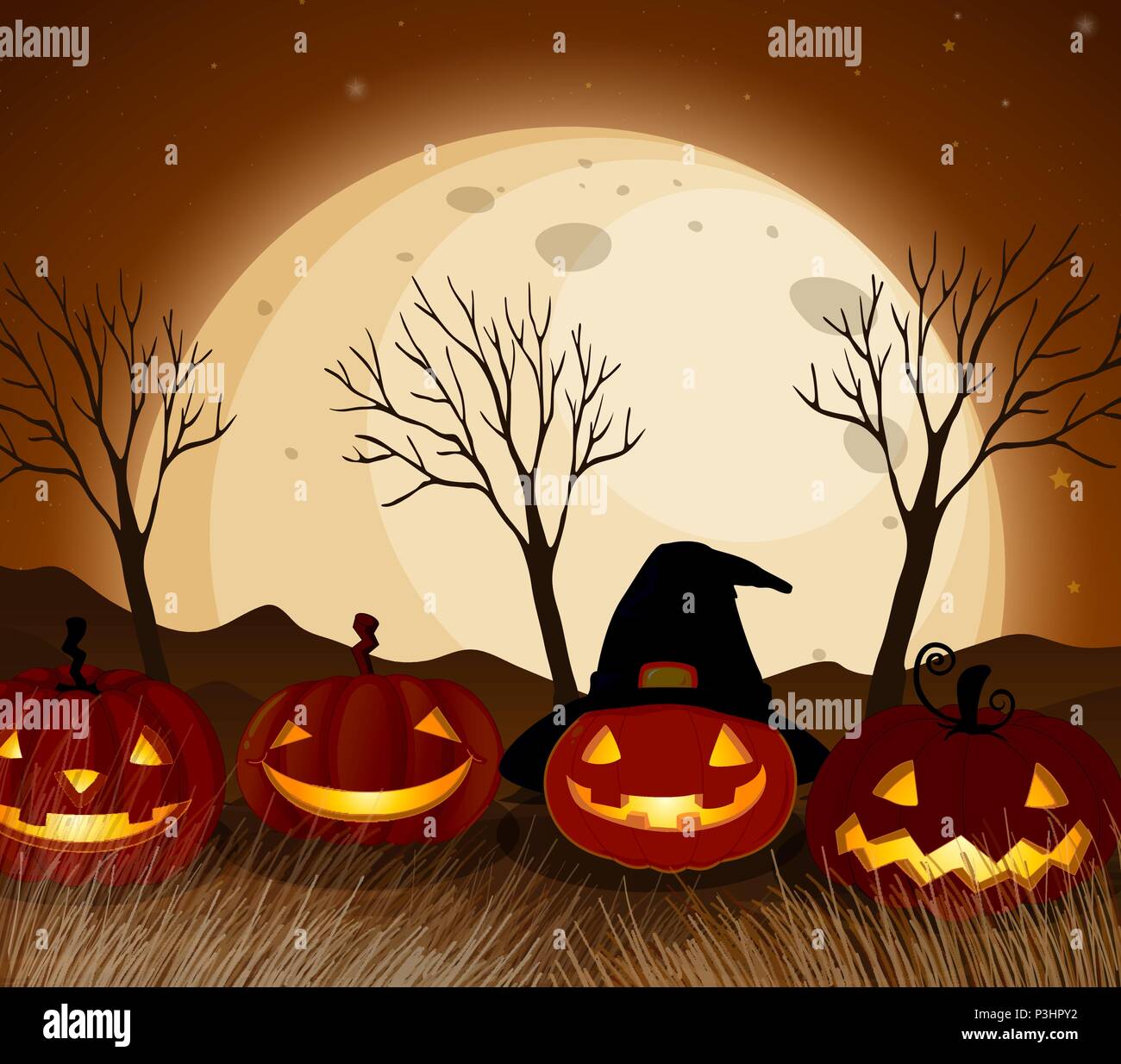 Halloween Pumpkin at Full Moon Night illustration Stock Vector Image ...
