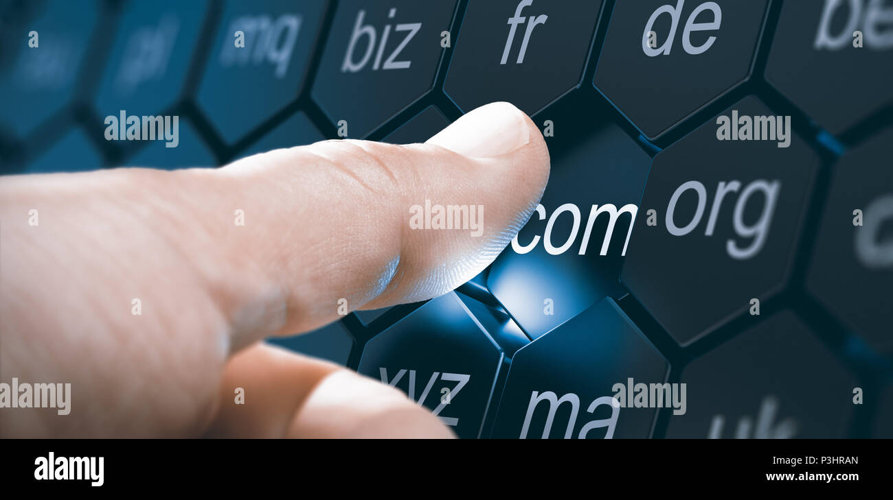 Man selecting a domain extention by pressing an hexagonal button. Composite image between a hand photography and a 3D background. Stock Photo