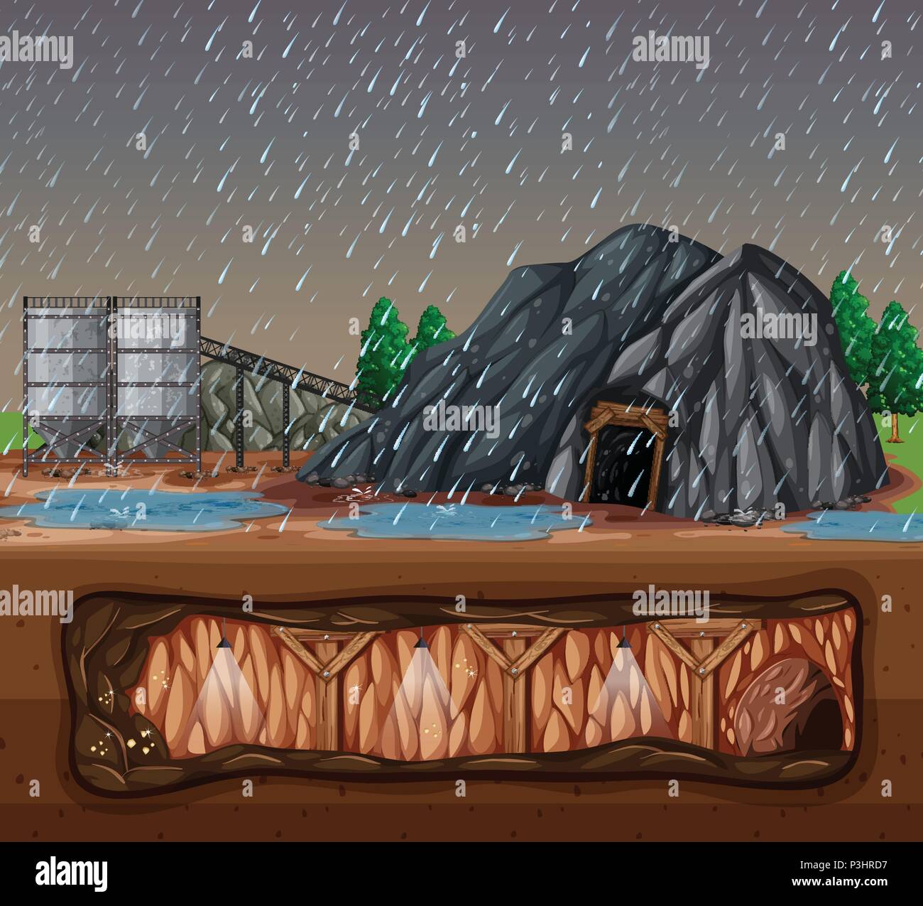 A Stone Mine in Rainy Day illustration Stock Vector