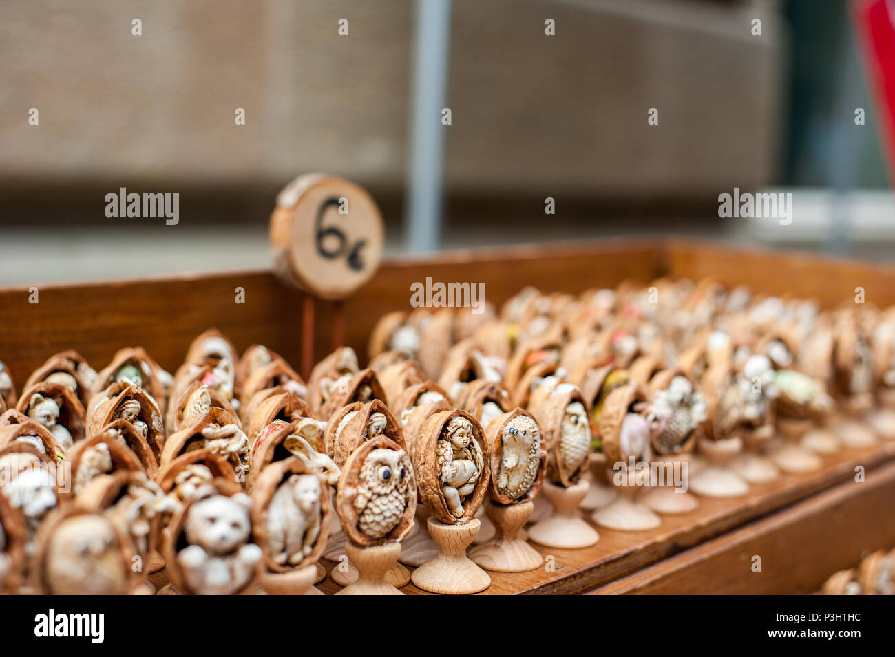Handmade gift items made of walnut shell, Luxembourg Stock Photo