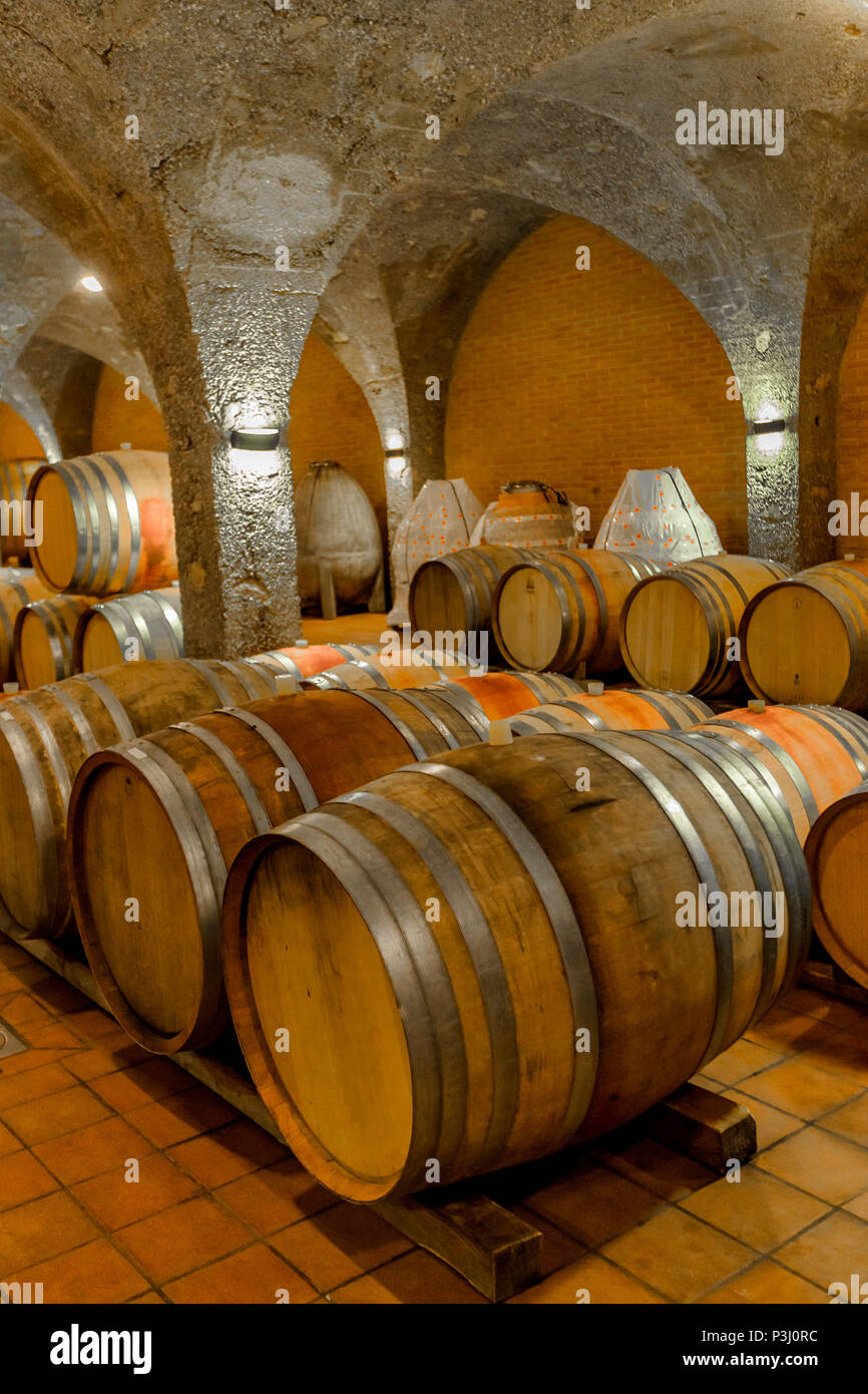 View at old barrels in the wine cellar Stock Photo