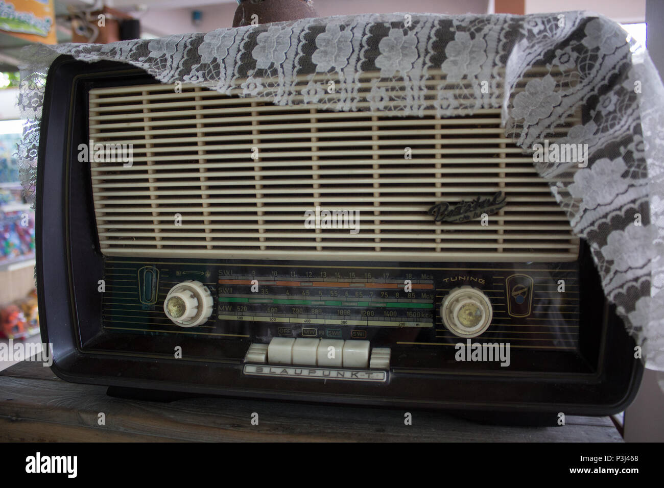 Old radio with cloth cover Stock Photo Alamy