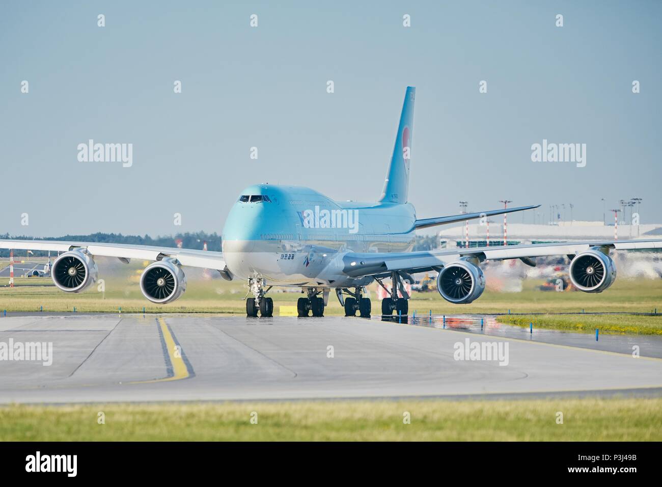 Prague, Czech Republic - June 16, 2018: Boeing 747-8i of Korean Air is taxiing to runway at Vaclav Havel Prague Airport on June 16, 2018. Stock Photo