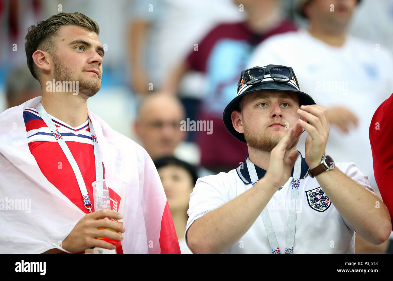 An England fan shows his support in the stands prior to the FIFA World ...