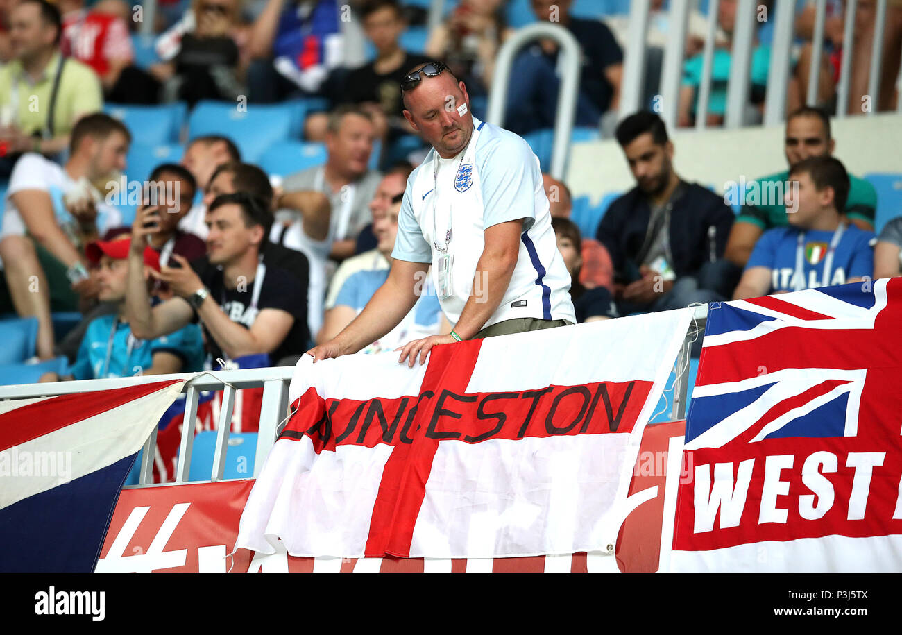 An England fan shows his support in the stands prior to the FIFA World ...