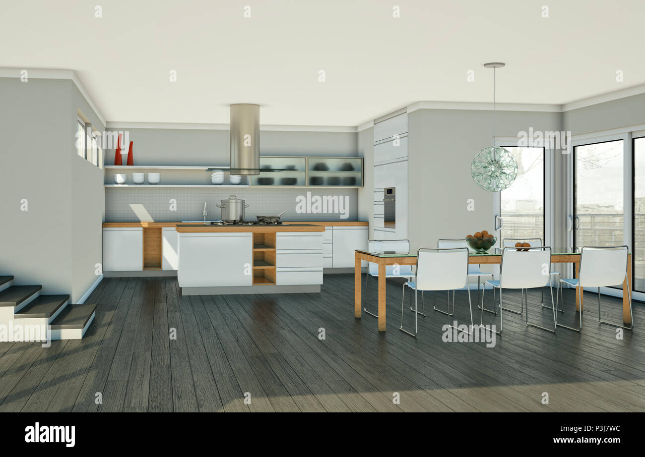 3d Illustration of a modern kitchen interior design Stock Photo - Alamy