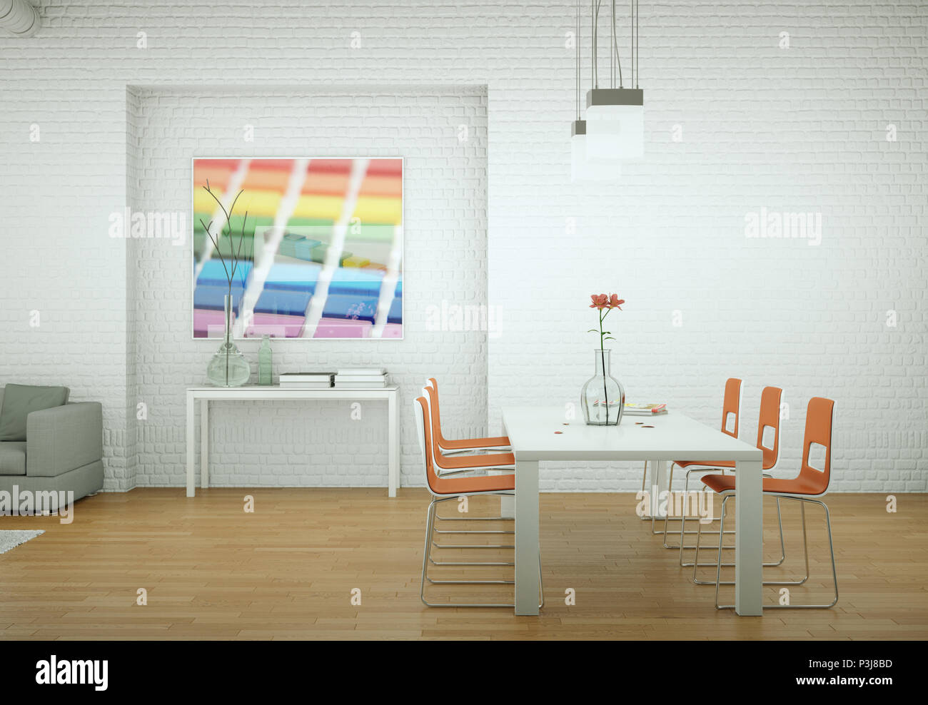 Dining room interior design in modern appartment 3D Illustration Stock ...