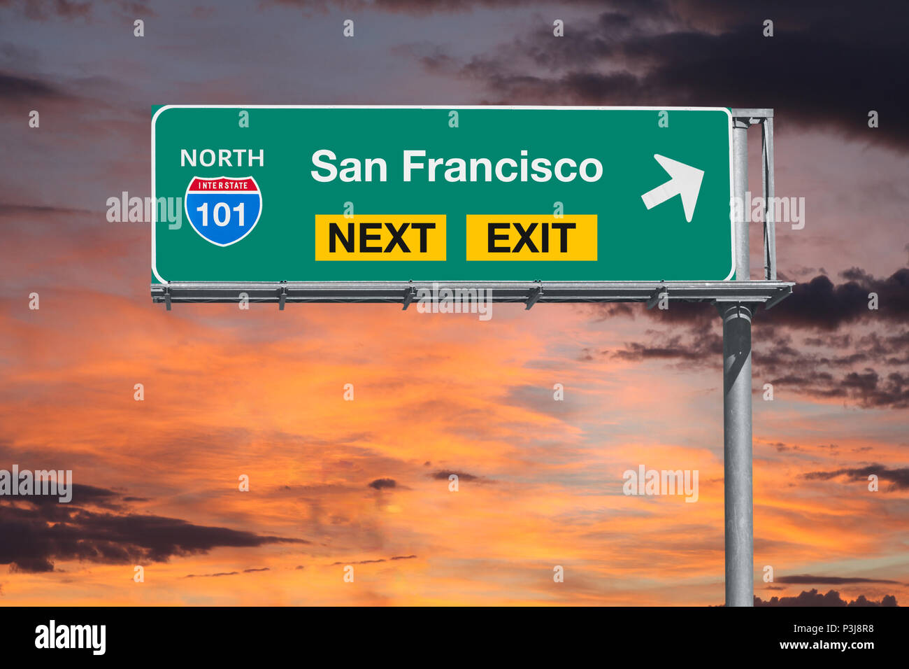 San Francisco California route 101 freeway next exit sign with sunset sky. Stock Photo