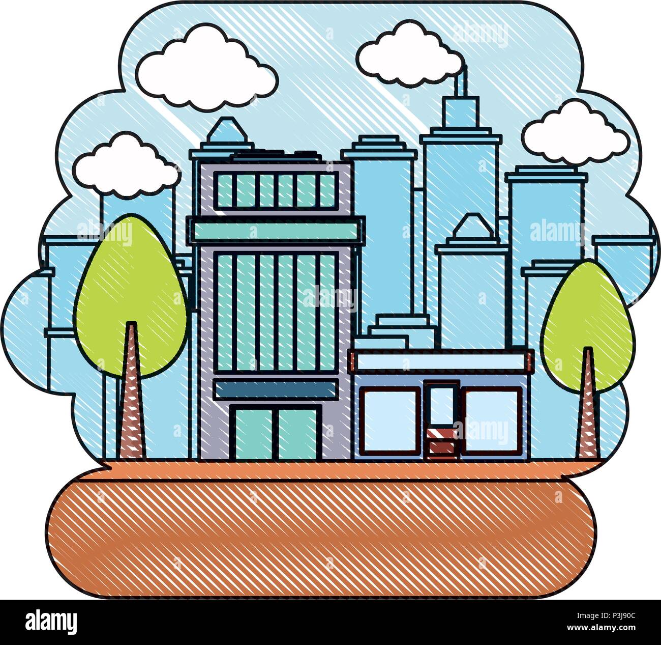 city building over landscape and white background, vector illustration ...