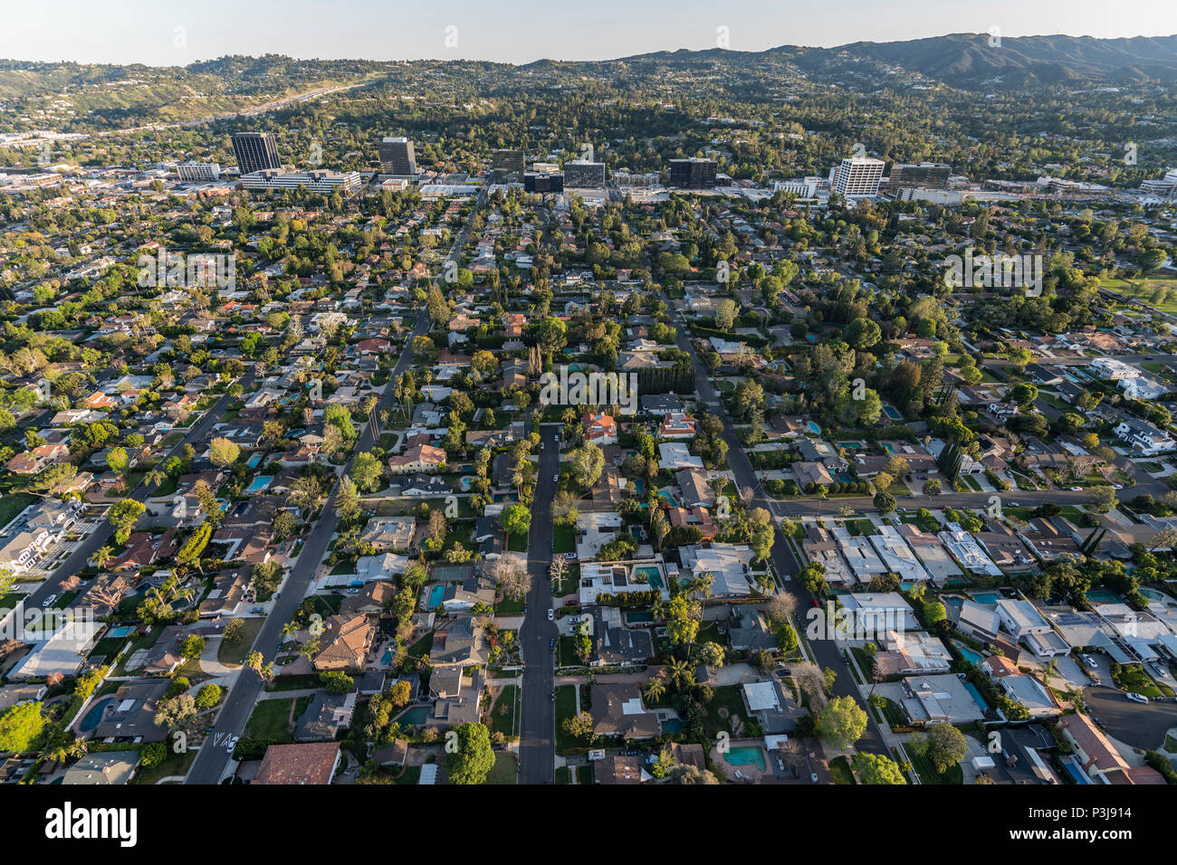 Afternoon aerial view of Sherman Oaks neighborhood in the San Fernando Valley area of Los Angeles California. Stock Photo